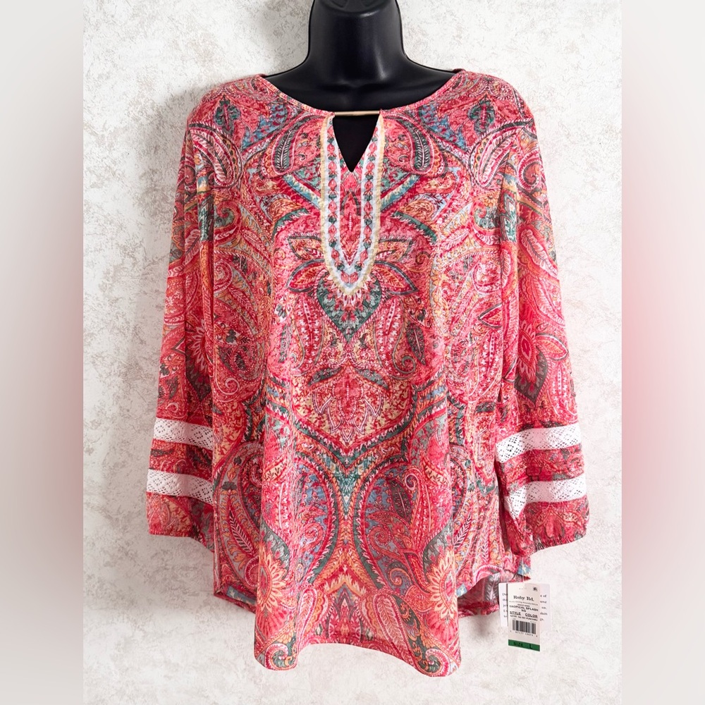 Ruby Rd Women’s Tunic Blouse Tropical Bar at V- Neck 3/4 Sleeve Gathered Large